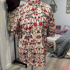 LOFT Floral Blouse - Red, Black, Cream